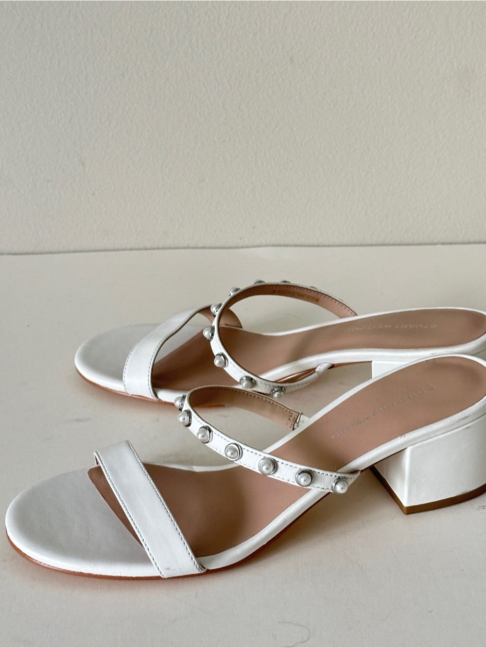 NEW Stuart Weitzman White Pearl-Embellished Block Heel Sandals, Sz 7